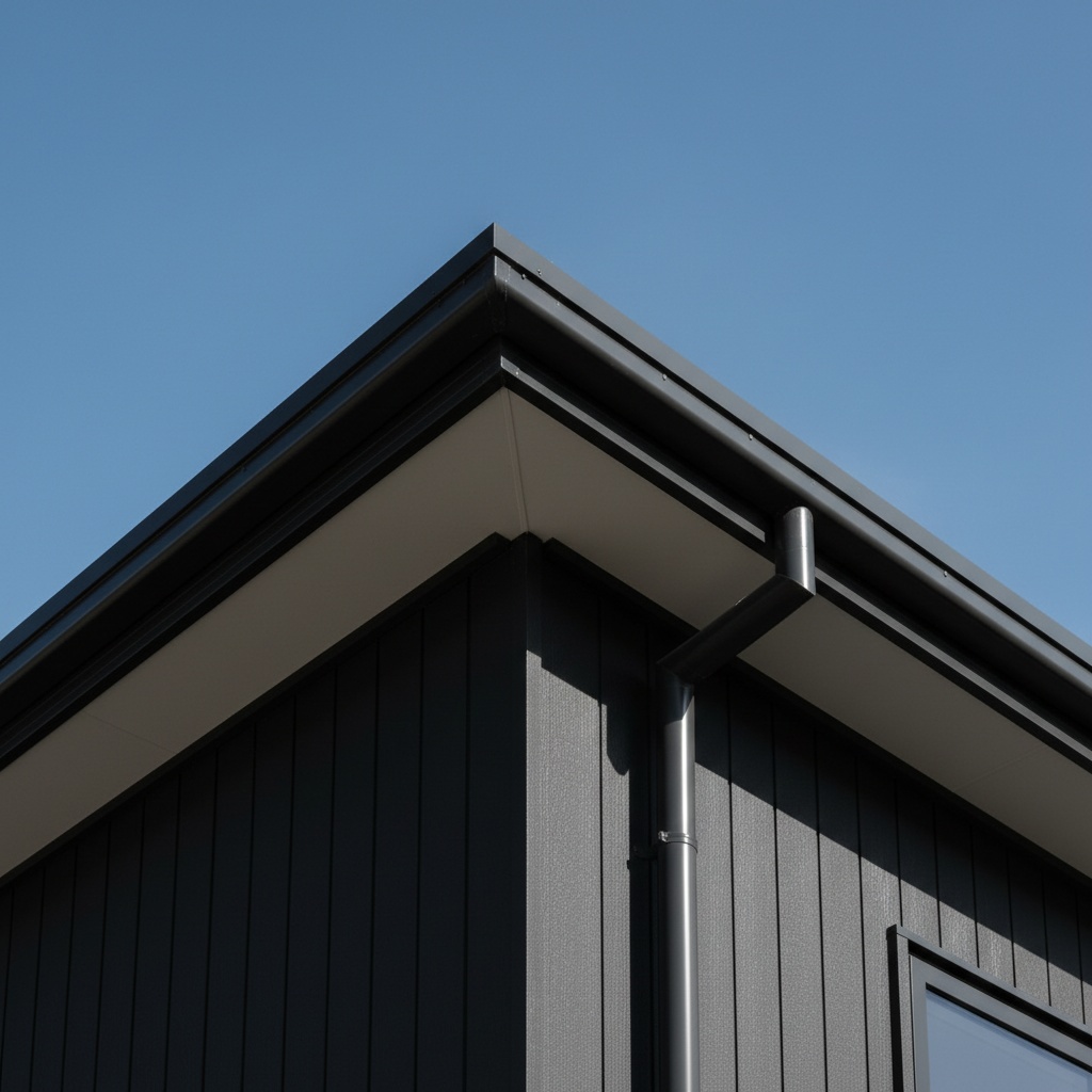 A clean box gutter and fascia on a dark-clad house against blue sky