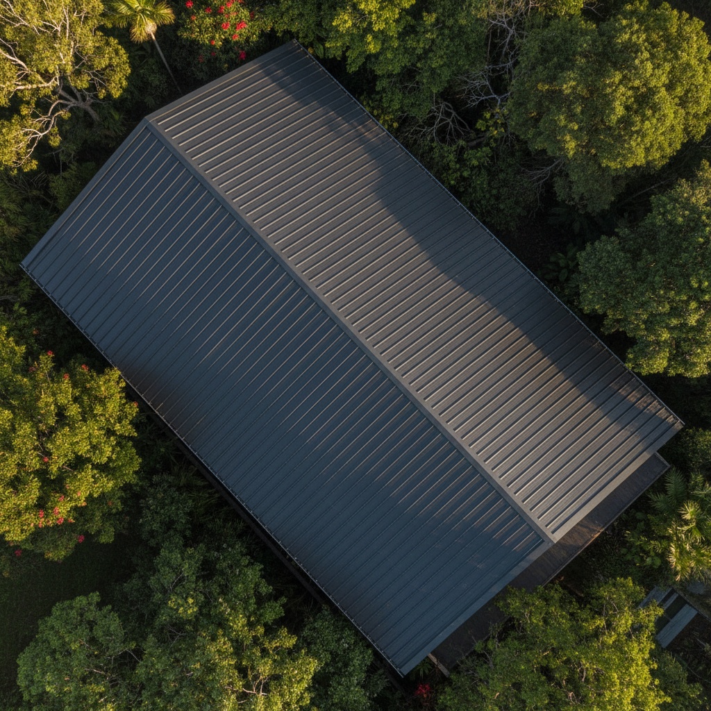 Straight-down aerial view of a new standing-seam metal roof, its ribs running diagonally across the frame