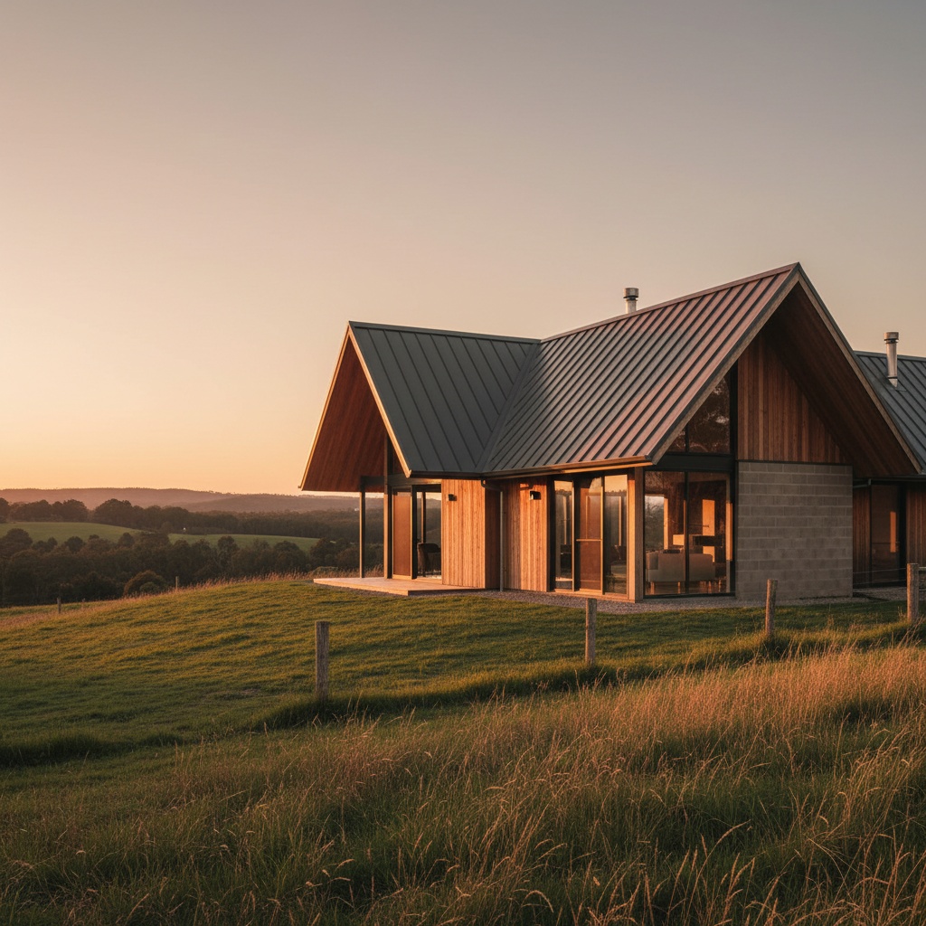 A rural house with a bold angular metal roof at golden hour seen from a low angle