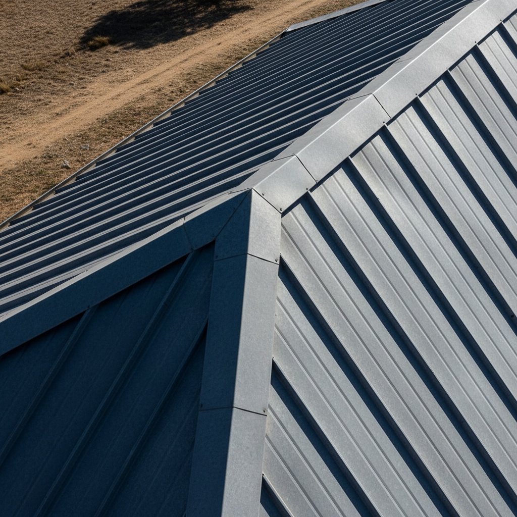 Close aerial detail of a metal roof ridge where two planes meet, seams converging in hard sunlight